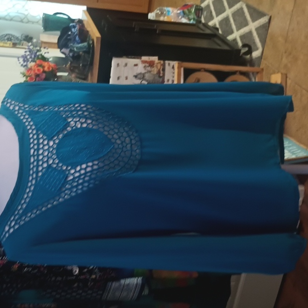 Teal Long Sleeve Blouse with Crochet Detail Size M